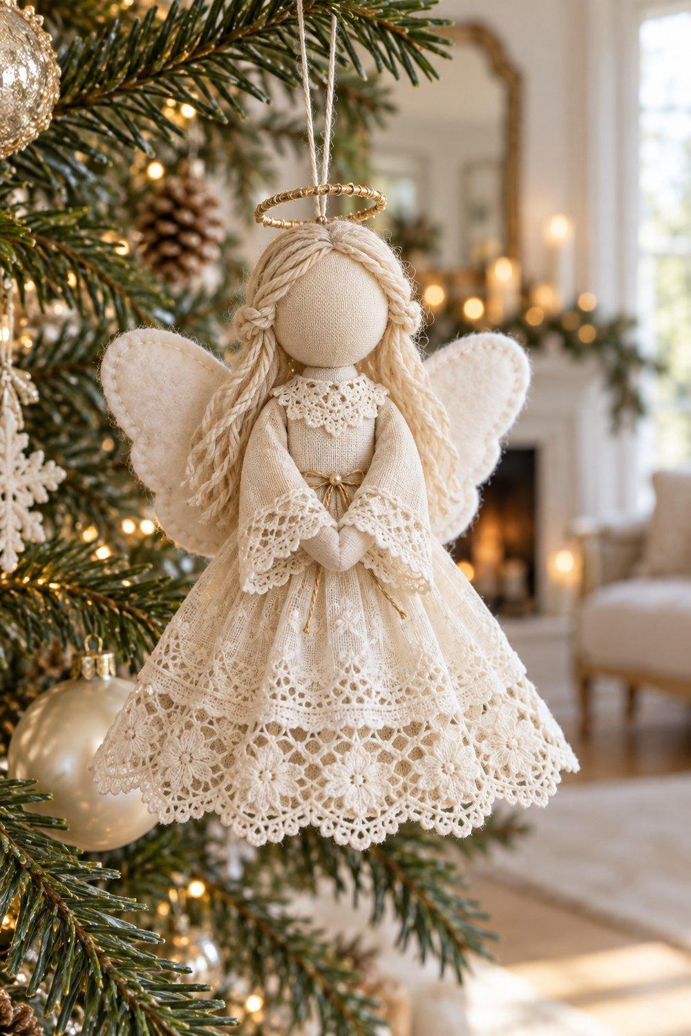 Décorations de Noël en dentelle Ange cousu en tissu clair portant une robe bordée de dentelle