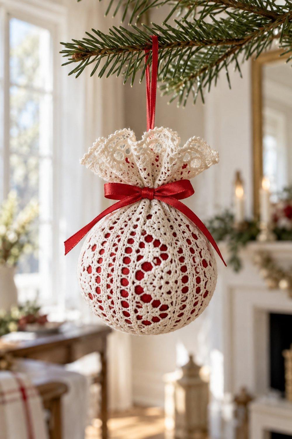 Décorations de Noël en dentelle Boule de Noël en napperon de dentelle froncé et ruban rouge