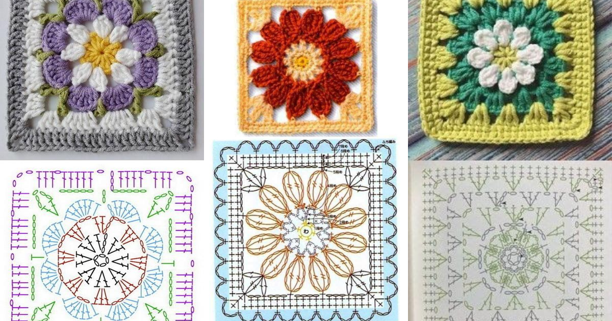 carres au crochet avec des fleurs