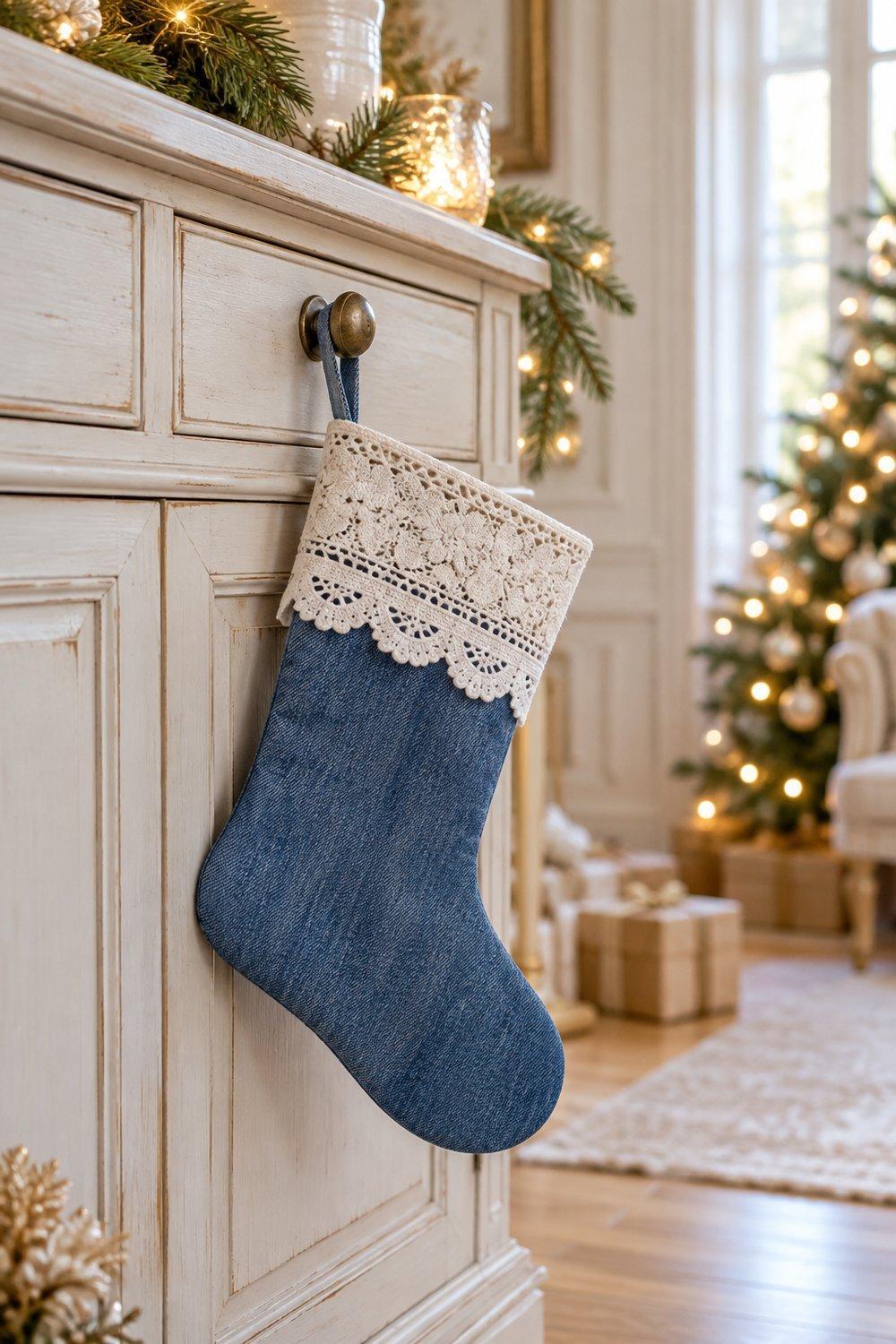 Décorations de Noël en dentelle Petite chaussette en jean bleu avec un revers de dentelle blanche