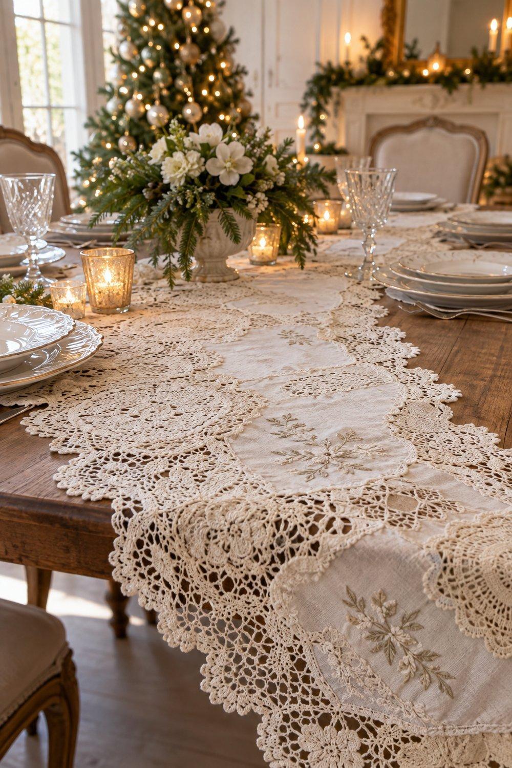 Décorations de Noël en dentelle Chemin de table en coton assemblé avec des napperons et dentelles anciennes