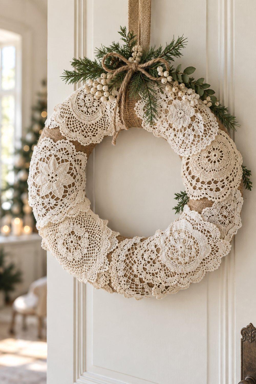 Décorations de Noël en dentelle Couronne de napperons ivoire superposés sur un anneau couvert de jute