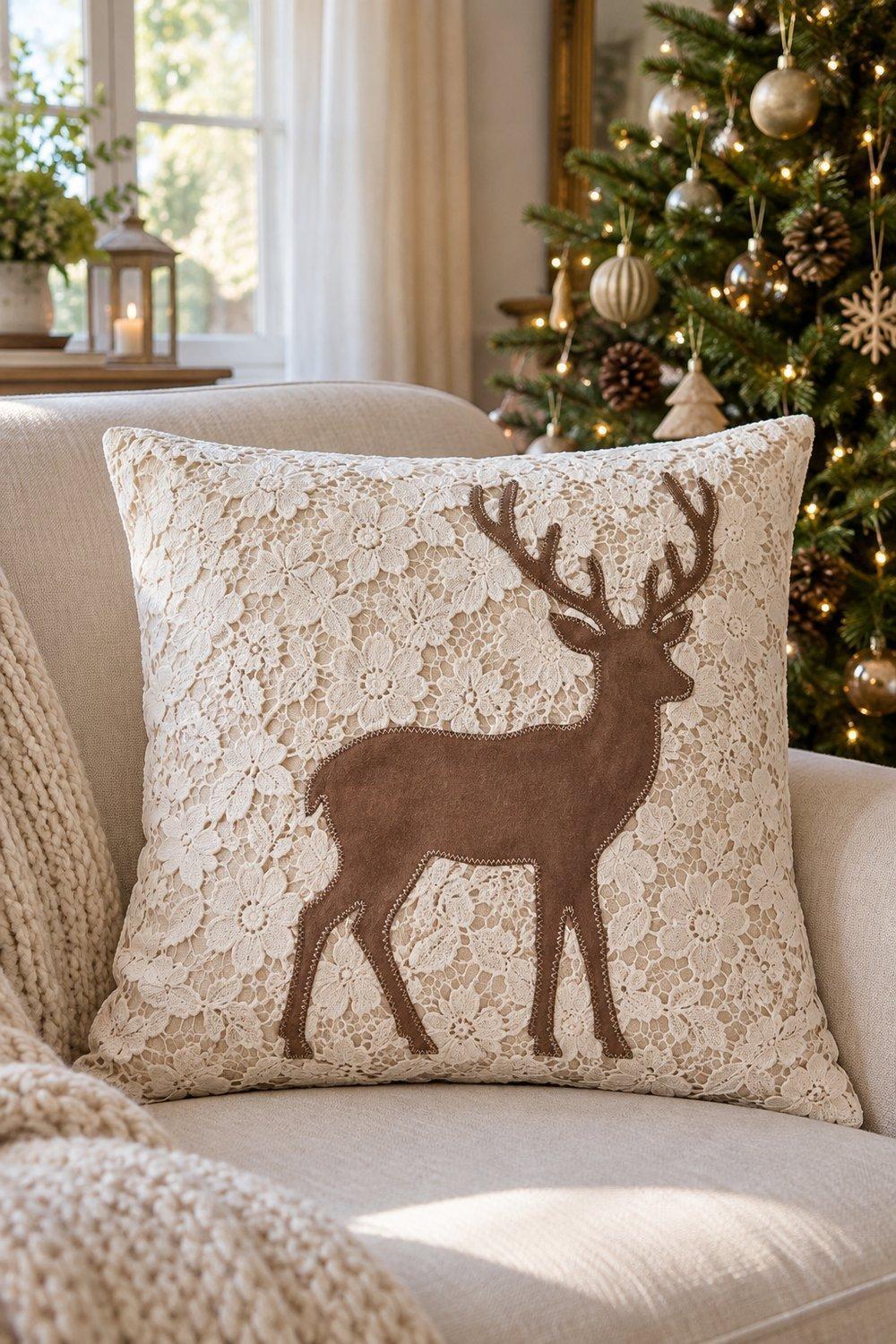 Décorations de Noël en dentelle Coussin de Noël couvert de dentelle ivoire avec un renne appliqué