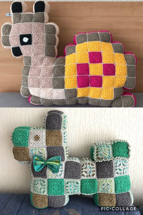 coussins animaux avec mini carres au crochet 9