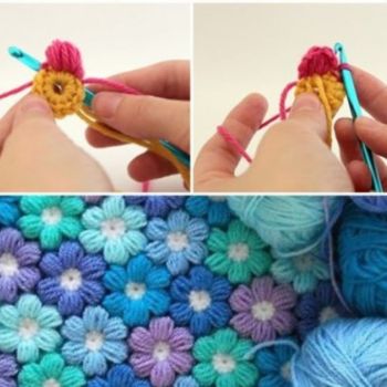 Couverture de fleurs puff au crochetà 6 pétales au crochet