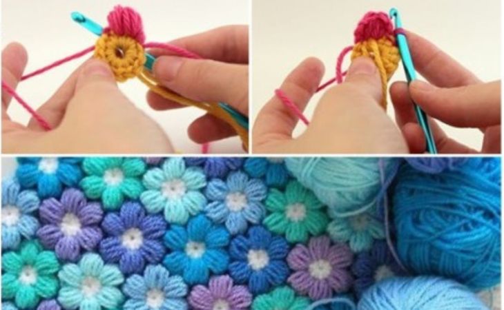 Couverture de fleurs puff au crochetà 6 pétales au crochet