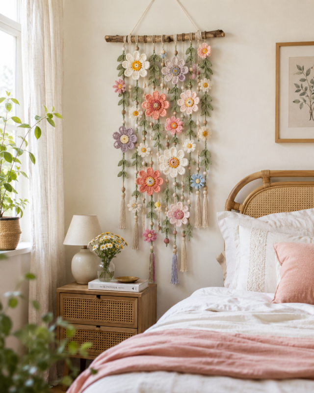 decoration murale florale au crochet pour un interieur chic