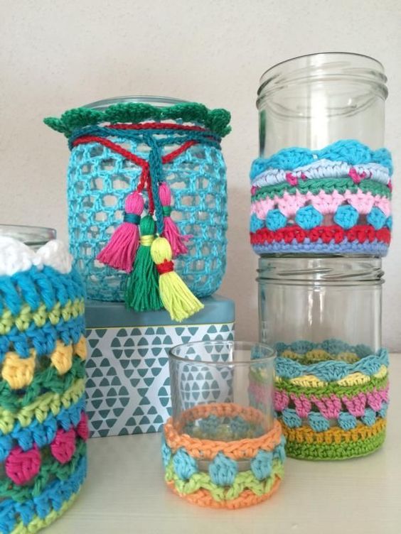 decoration pot verre crochet 2