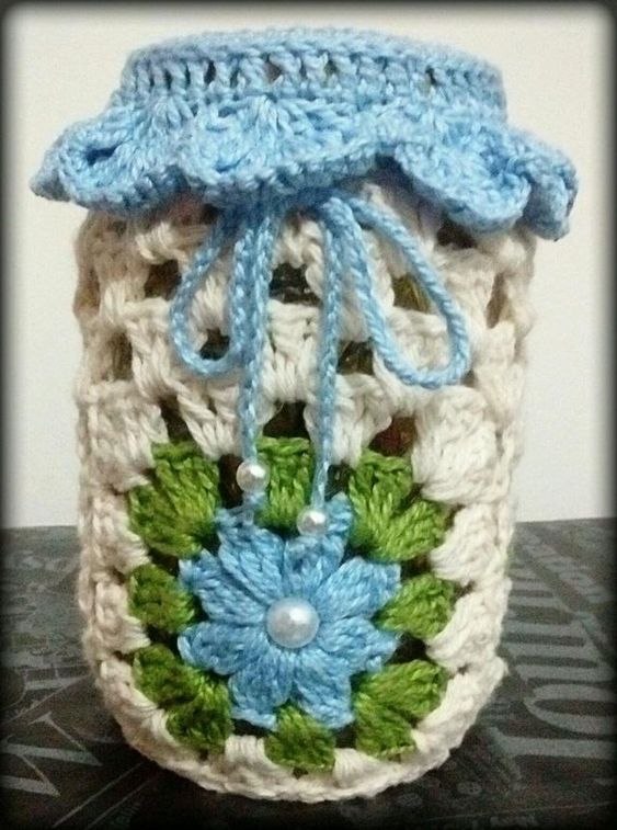 decoration pot verre crochet 3