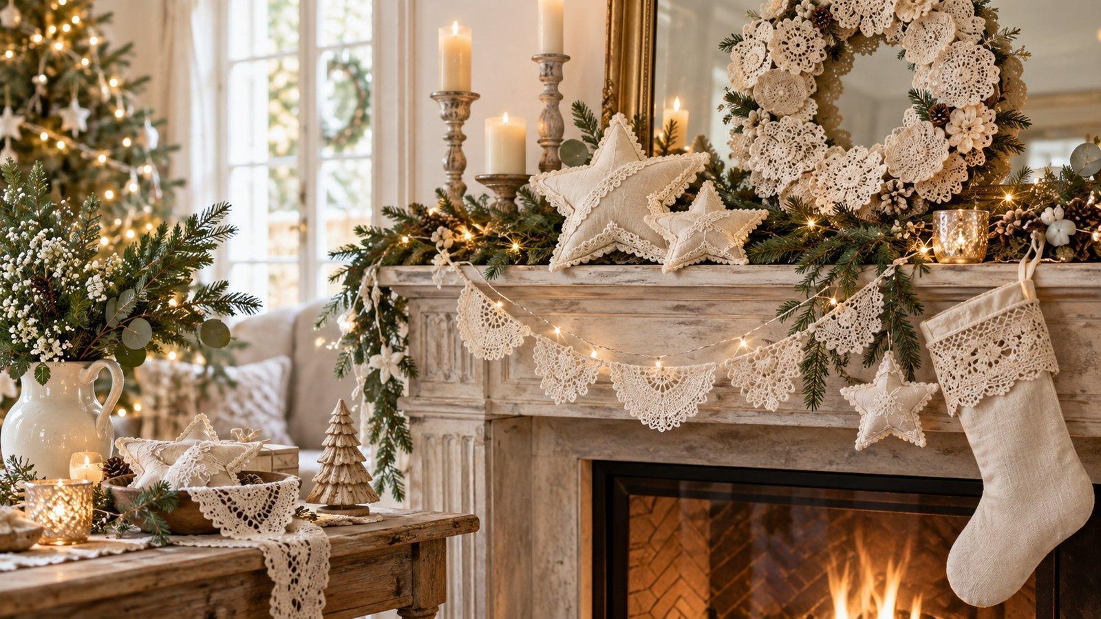 Décorations de Noël en dentelle Décorations de Noël en dentelle ivoire sur une cheminée et une table