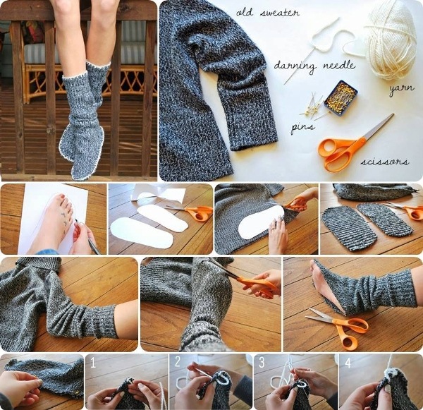 diy chaussons chaussettes dans un pull a recycler 1