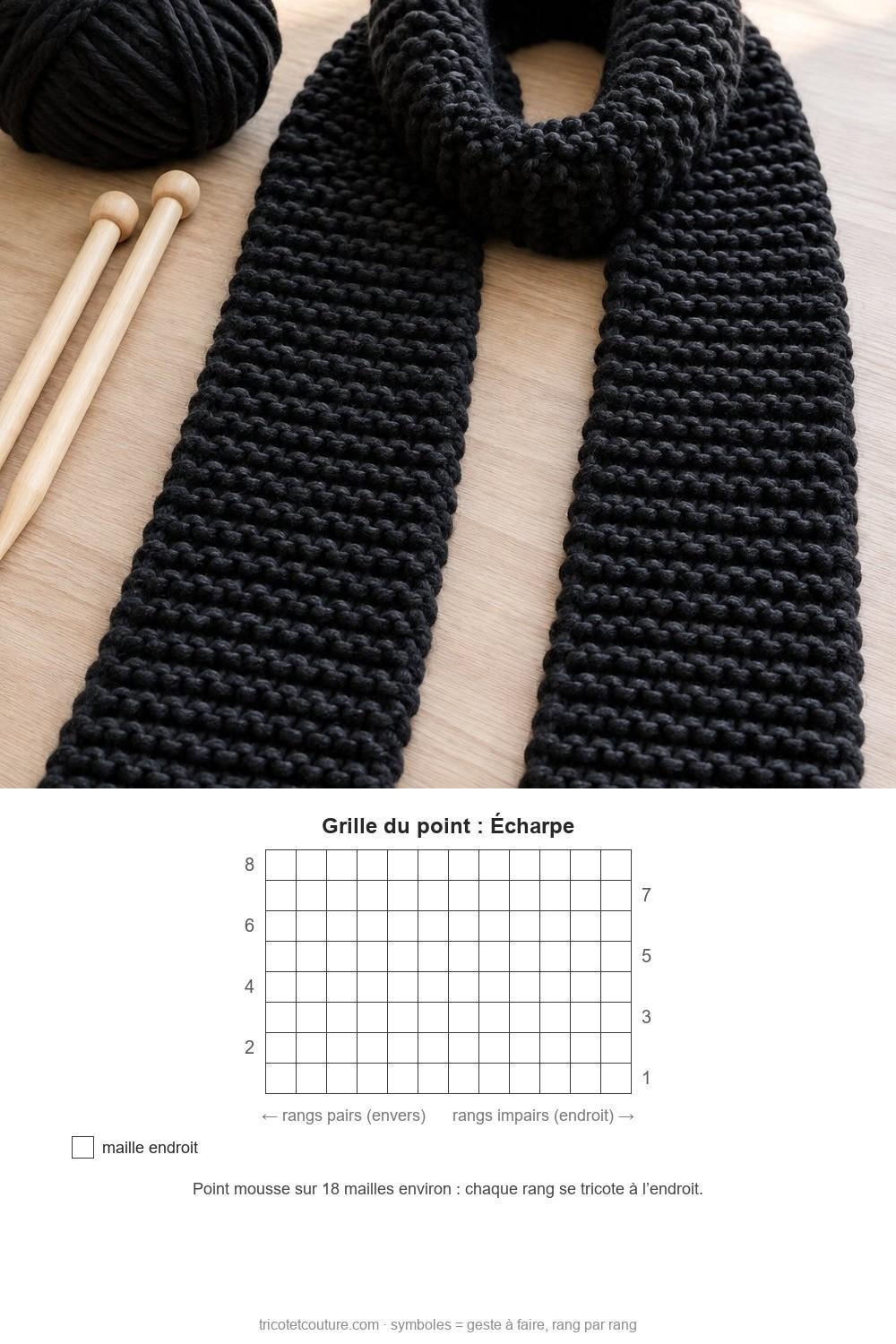 Idées de tricot faciles pour débutants Écharpe longue au point mousse avec pelote assortie et aiguilles sur une table claire – photo et grille du point