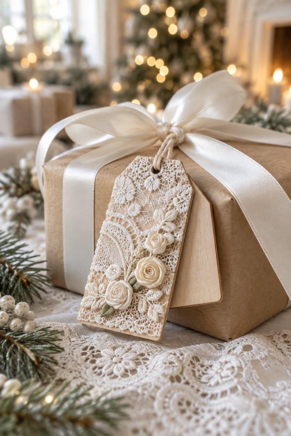 Décorations de Noël en dentelle Étiquette en bois couverte de dentelle ivoire attachée à un cadeau