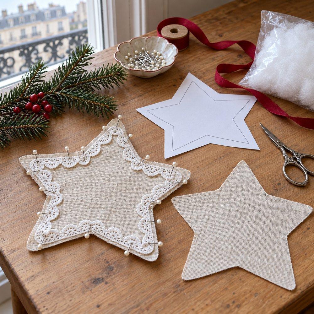 Décorations de Noël en dentelle Étoile découpée avec le gabarit et galon de dentelle épinglé vers le centre