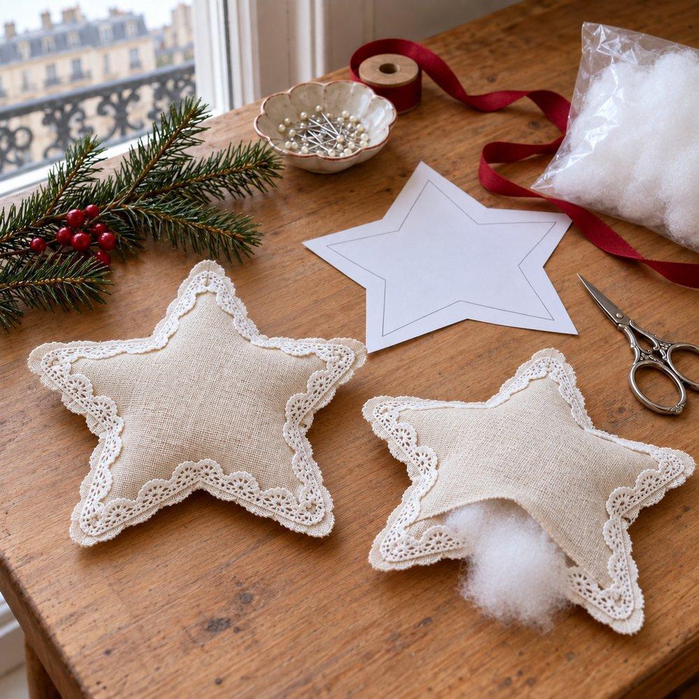 Décorations de Noël en dentelle Étoile cousue et retournée recevant la ouate par son ouverture