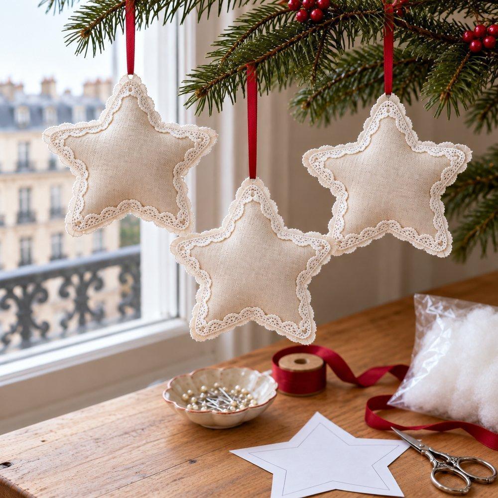 Décorations de Noël en dentelle Étoiles terminées bordées de dentelle et suspendues par leurs rubans