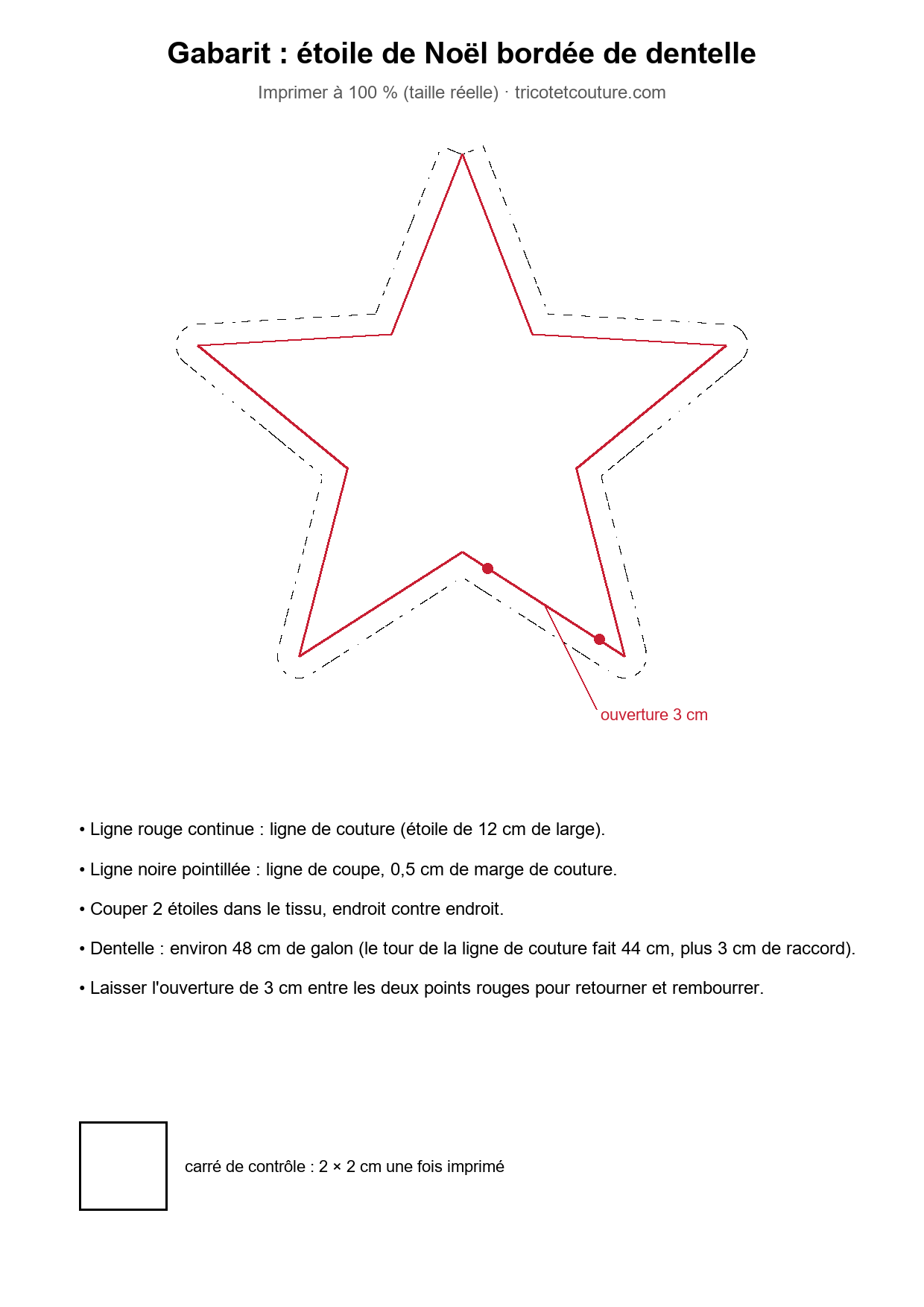 Décorations de Noël en dentelle Gabarit à imprimer d'une étoile de Noël de 12 cm de large avec ligne de couture, ligne de coupe et ouverture de 3 cm