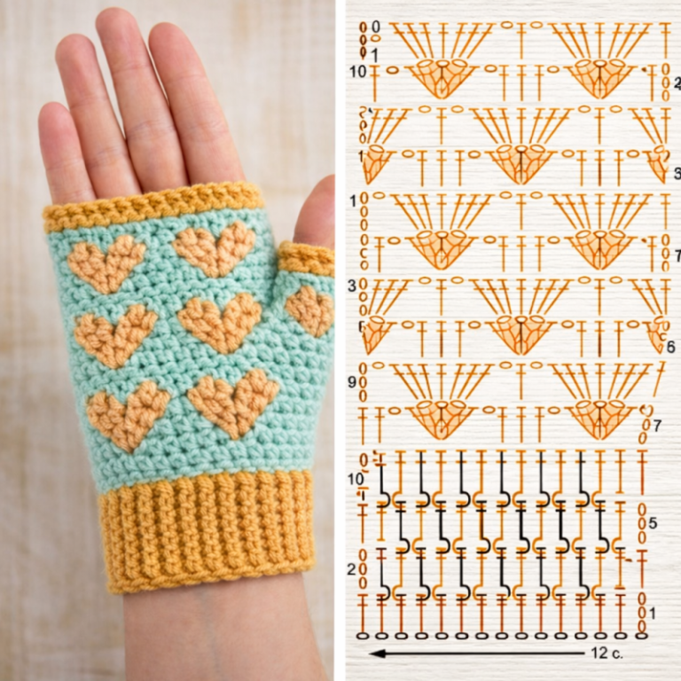 gants sans doigts au crochet avec coeu 2