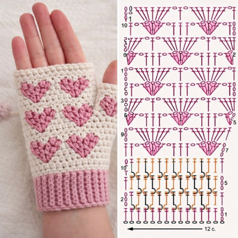 gants sans doigts au crochet avec coeu 3