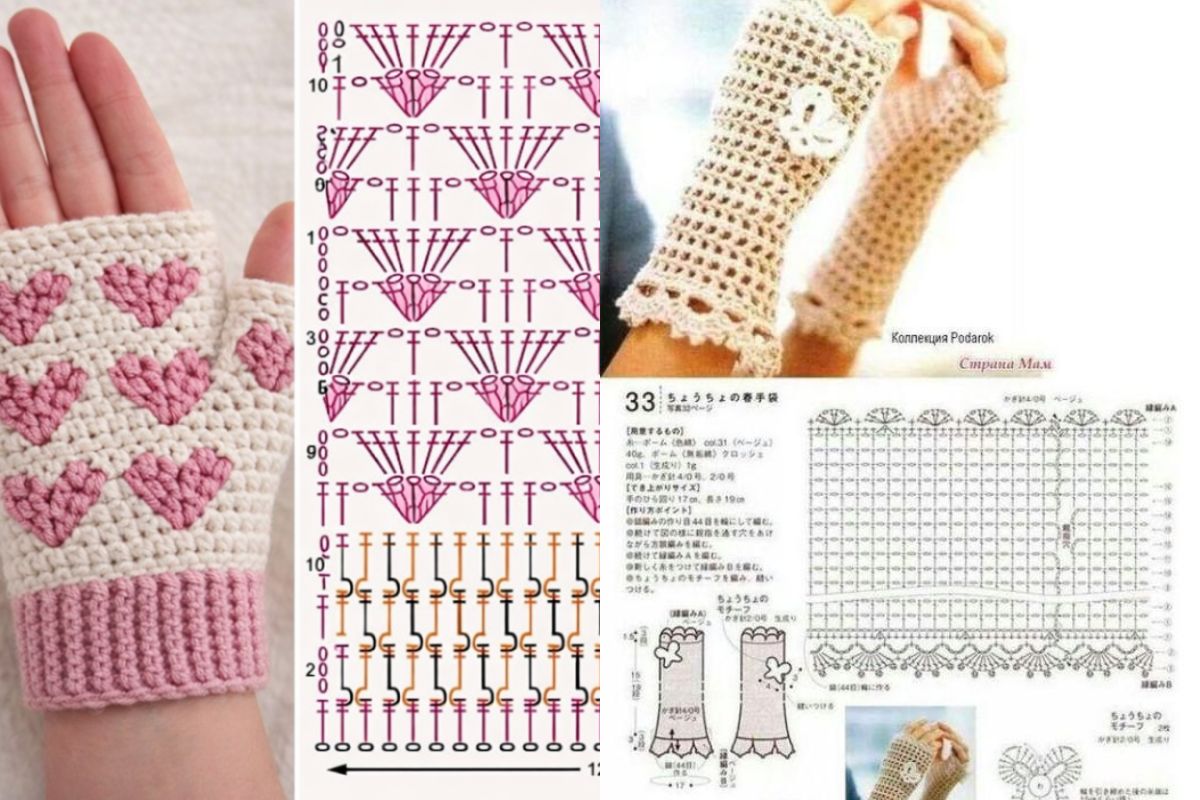 gants sans doigts au crochet avec coeur