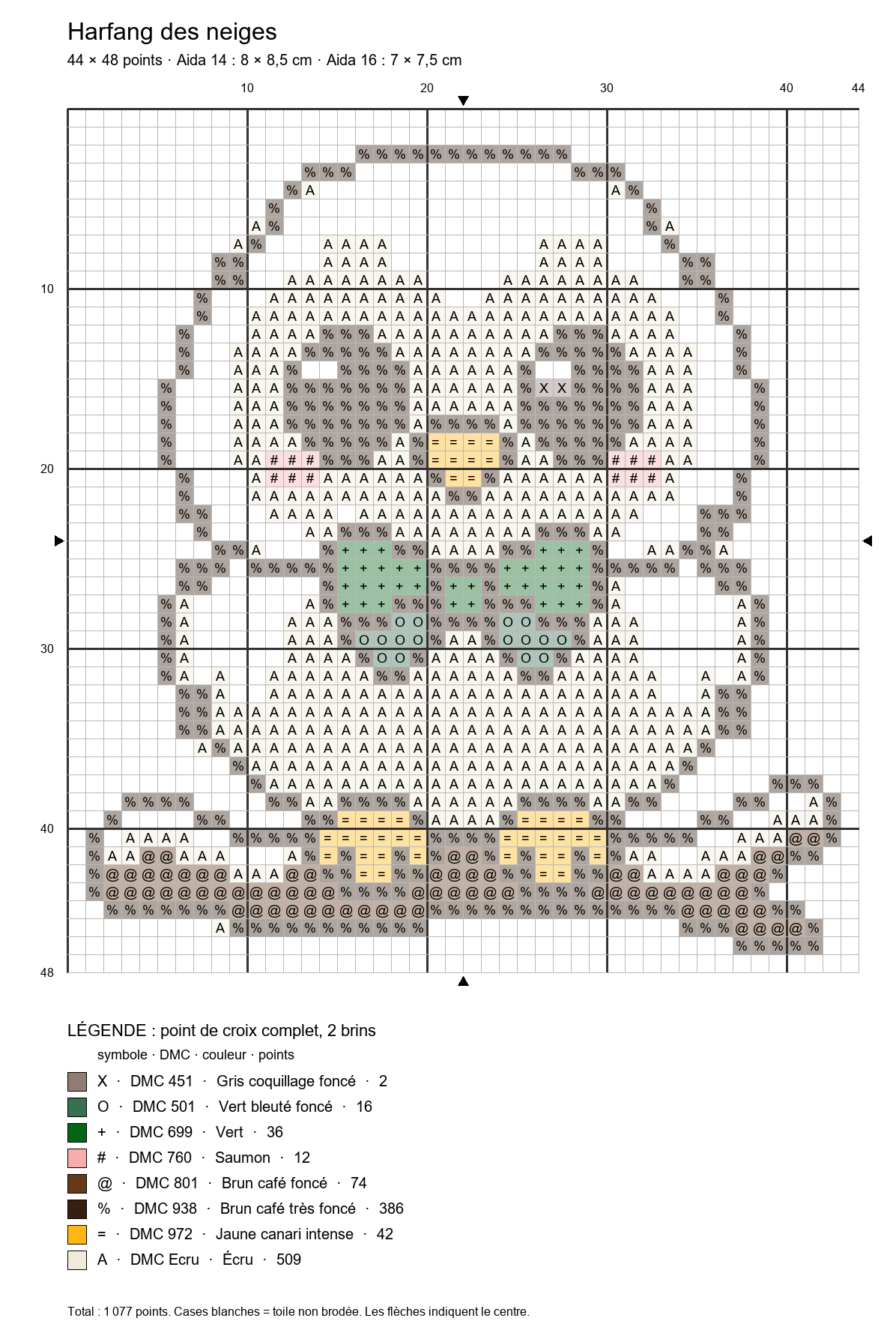 Grille de point de croix : harfang des neiges, 44 × 48 points, symboles DMC