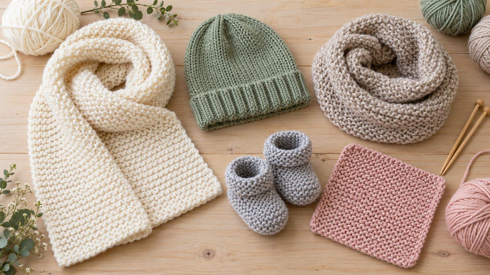 Idées de tricot faciles pour débutants Ouvrages tricotés faciles avec pelotes et aiguilles en bois sur une table