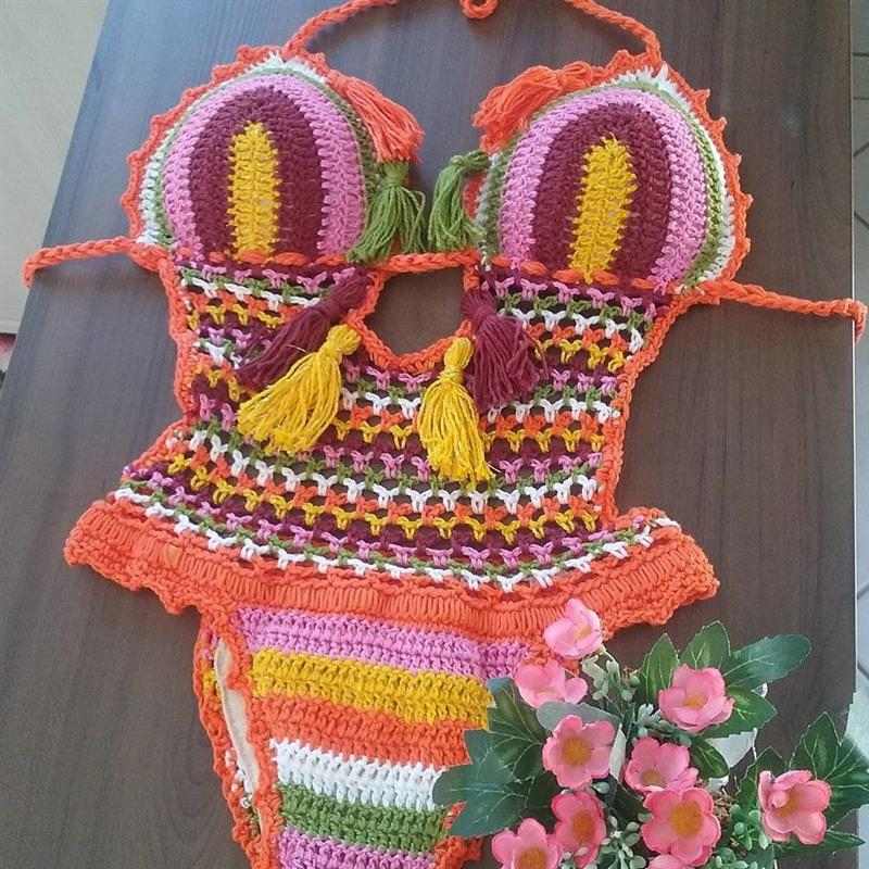Maillot De Bain 2 Pièces Femme - Crochet Jaune Patchwork, Dos Découvert, Style Unique