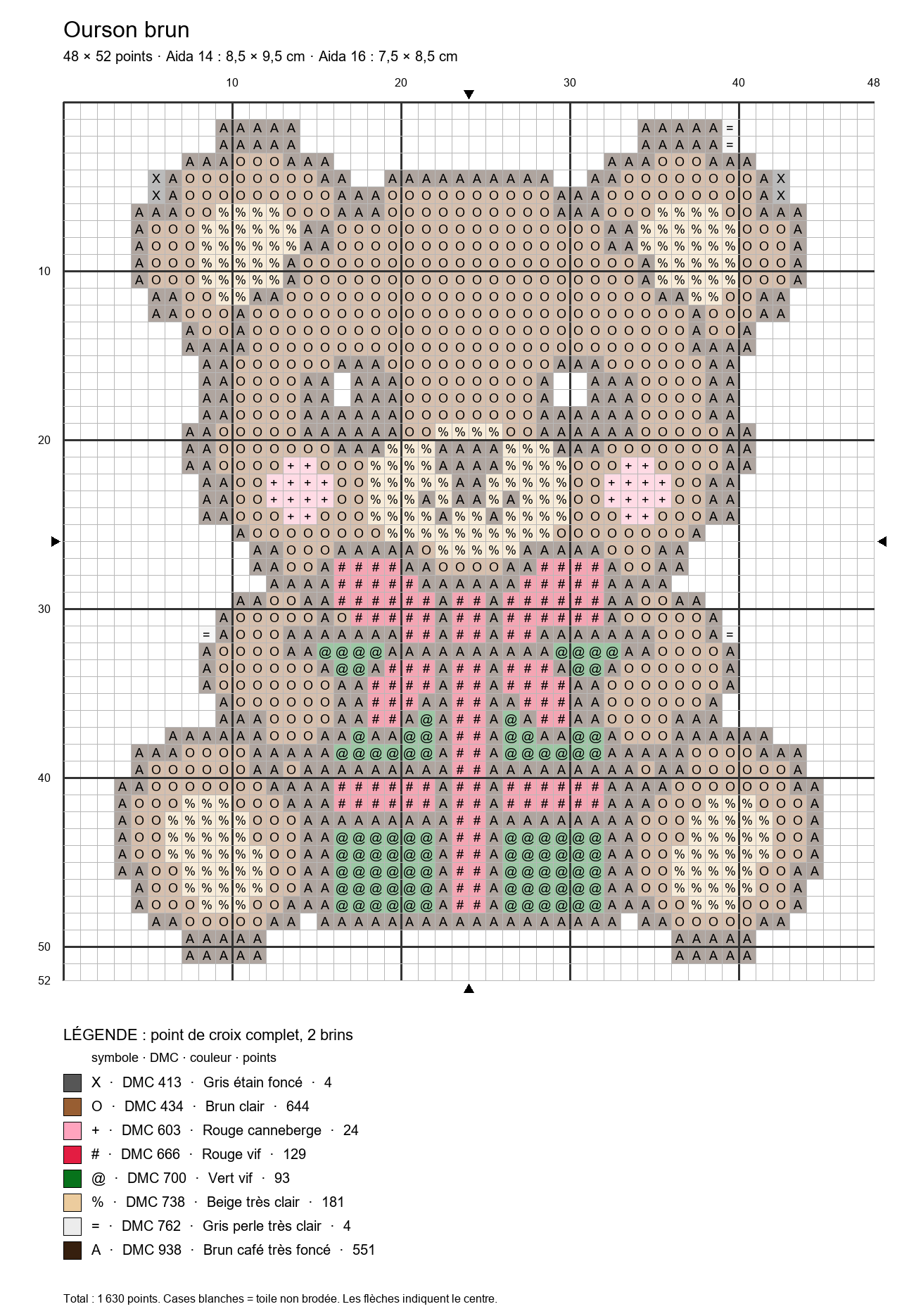 Grille de point de croix : ourson brun, 48 × 52 points, symboles DMC