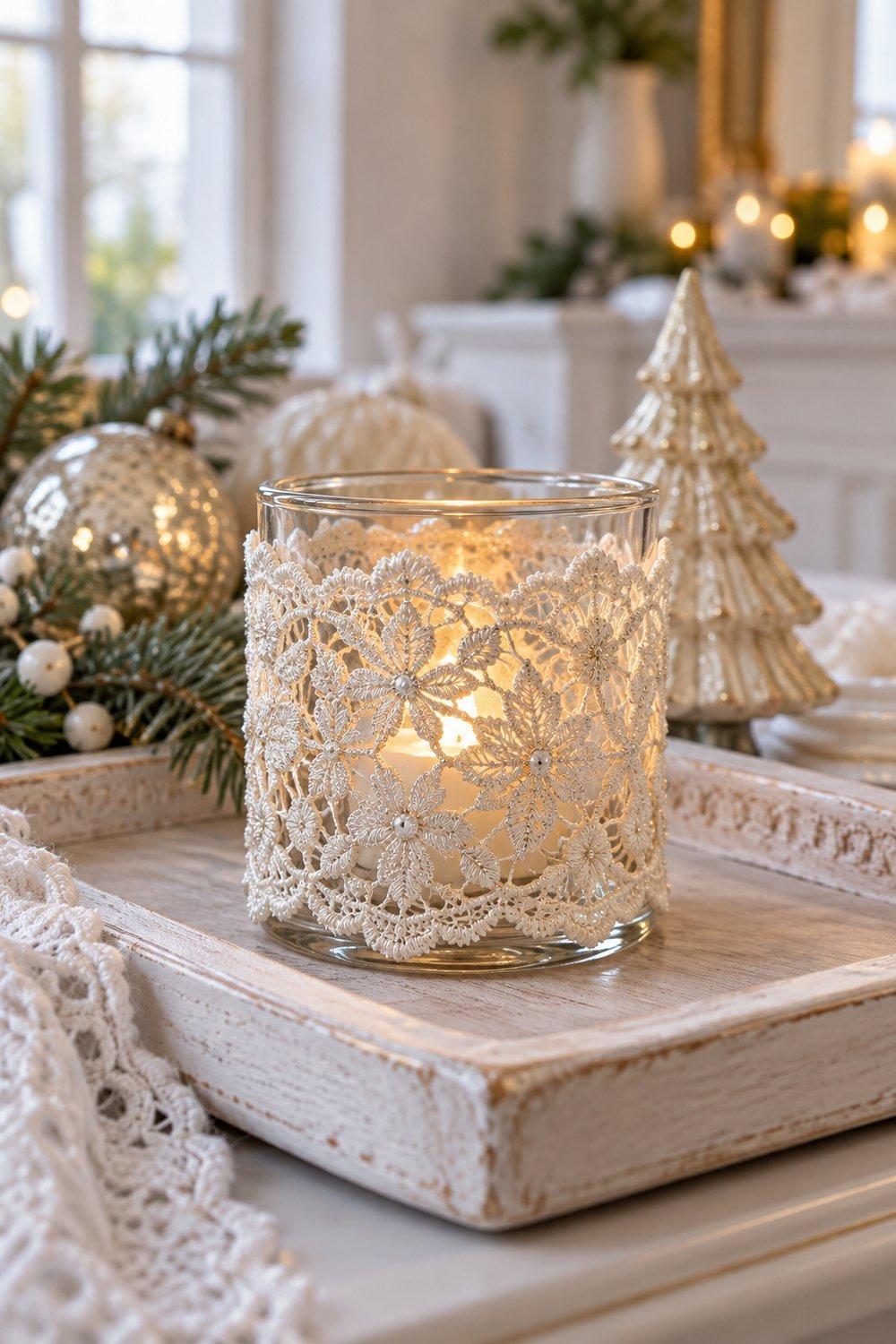 Décorations de Noël en dentelle Photophore en verre entouré de galon ivoire avec une bougie LED