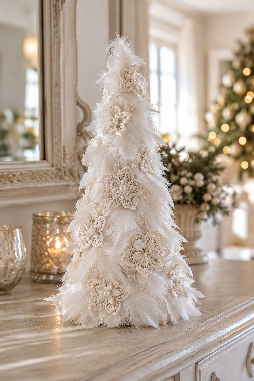 Décorations de Noël en dentelle Petit sapin blanc sur cône couvert de plumes et fleurs de guipure