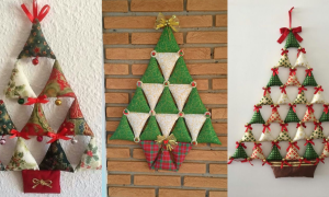 Sapin de Noël mural réalisé avec des triangles en tissu