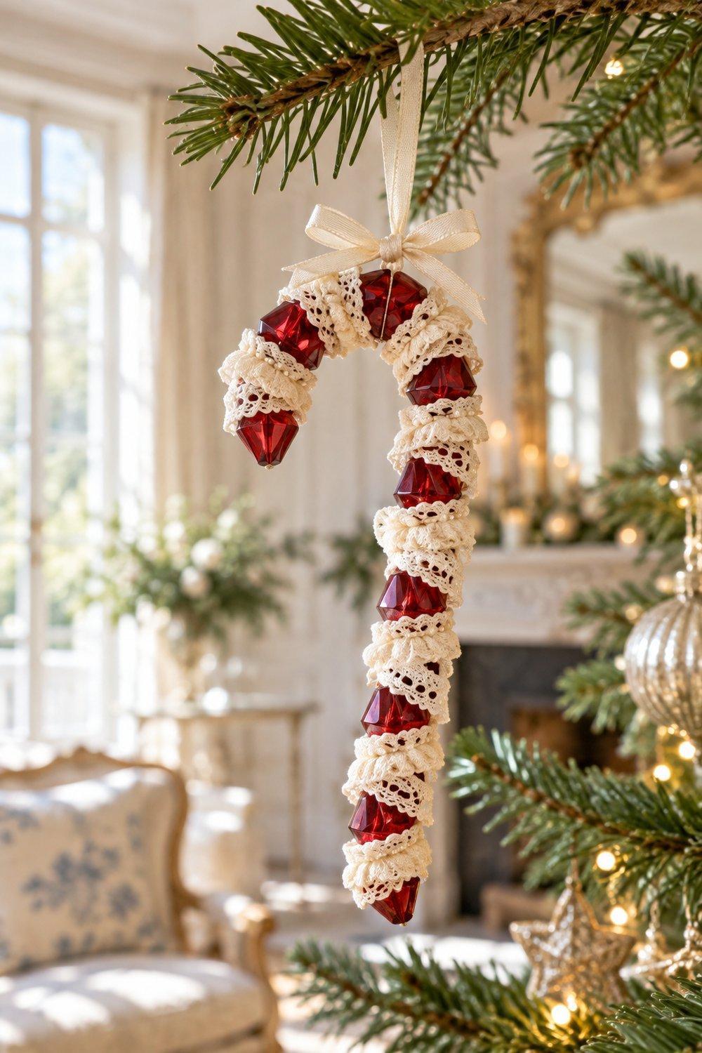 Décorations de Noël en dentelle Sucre d’orge en perles rouges alternées avec un galon de dentelle