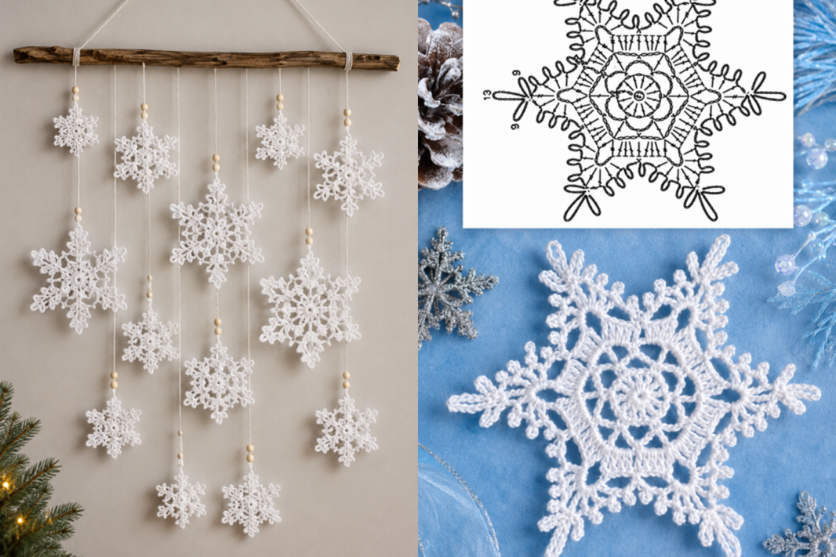 suspension murale en forme de flocons de neige au crochet 1