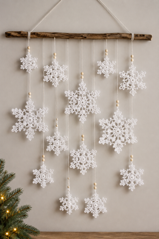 suspension murale en forme de flocons de neige au crochet
