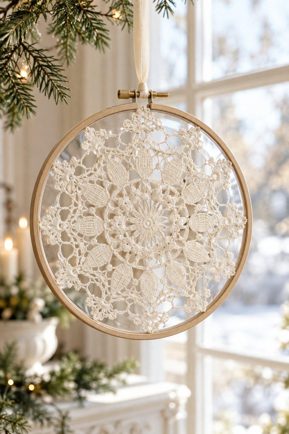 Décorations de Noël en dentelle Napperon ivoire présenté sur acétate dans un tambour devant une fenêtre